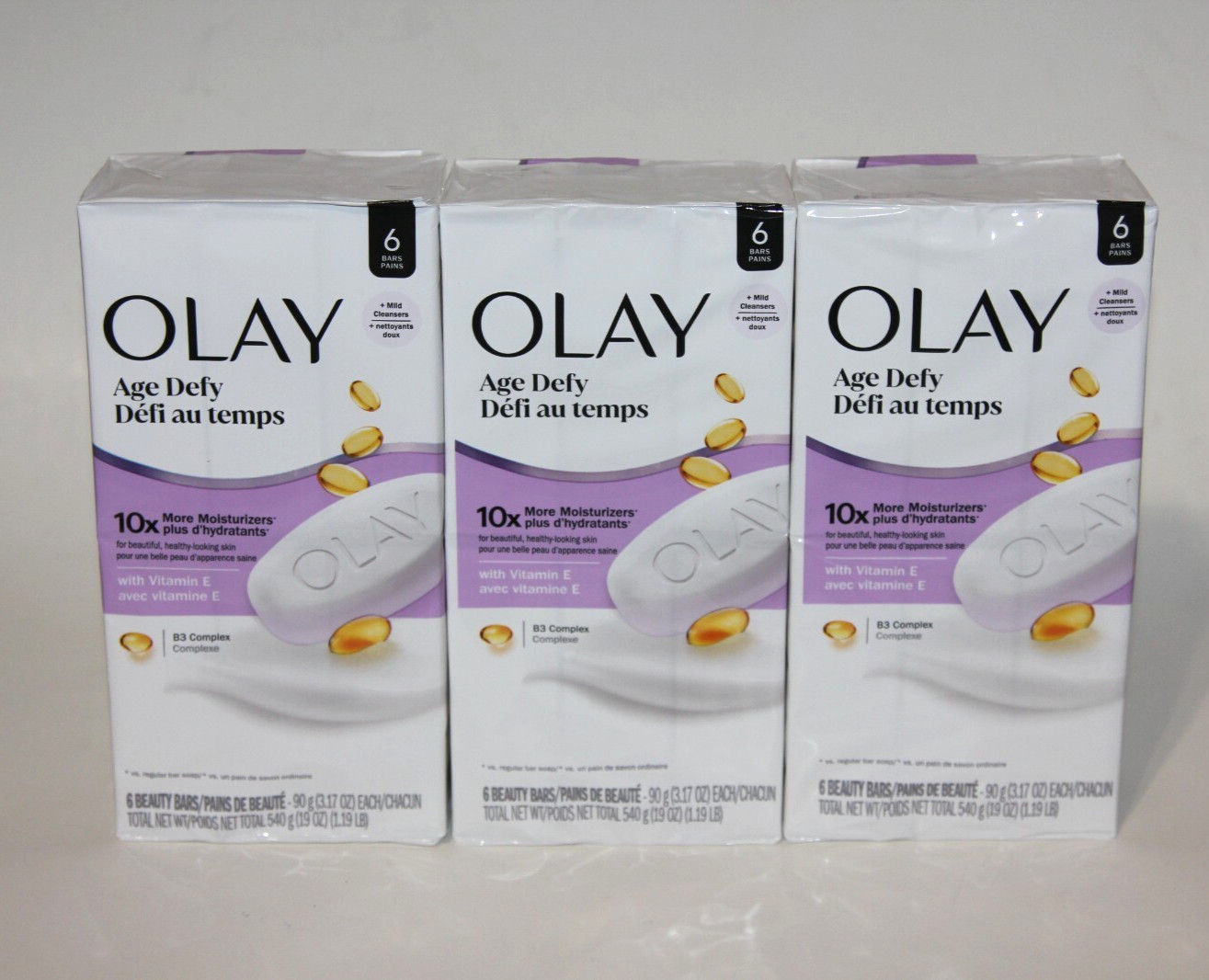 LOT (3) OLAY AGE DEFY BEAUTY BAR SOAP MOISTURIZER VITAMIN E B3 COMPLEX 18 BARS
