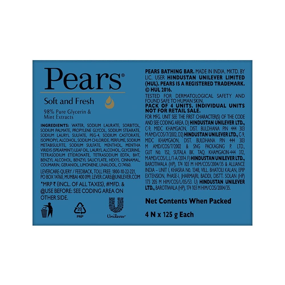 Pears Soft and Fresh Soap Bar With Glycerin and Mint for Soft Skin & Body:125gx4