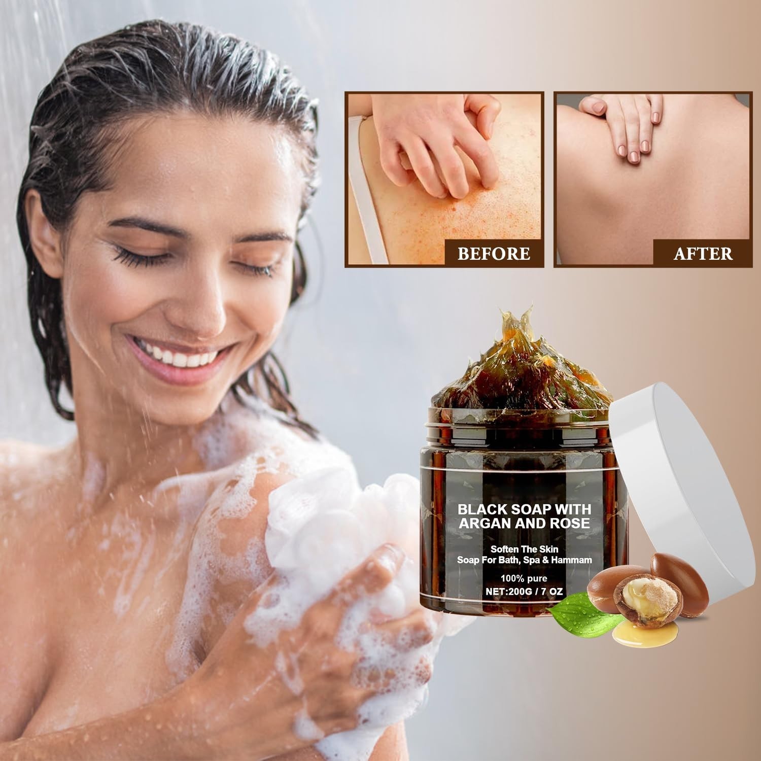 Morocco Black Soap with Argan and Rose, Morocco Black Beldi Bar Exfoliating Soap