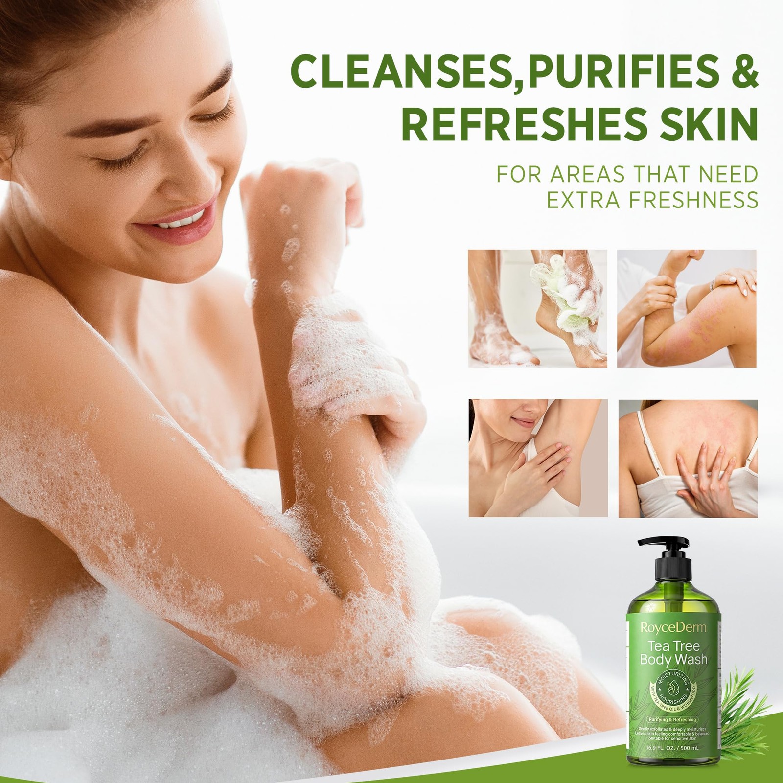 Roycederm Tea Tree Body Wash & Soap, Purifying 16.9 Fl Oz (Pack of 1), green