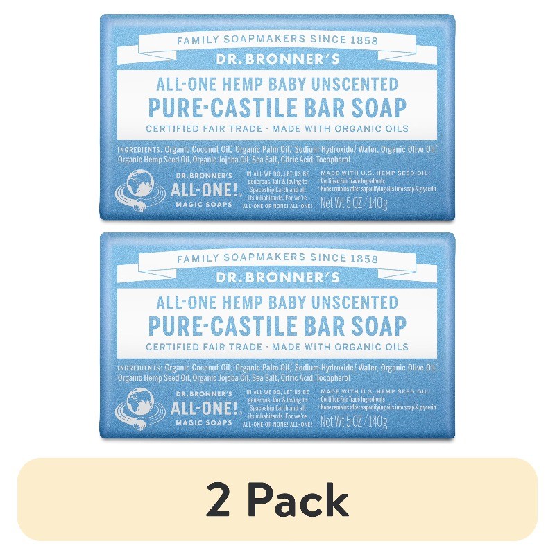 (2 pack) Dr. Bronner’s Magic Bar Soap ,Baby Unscented -5 oz-for face,body, hands