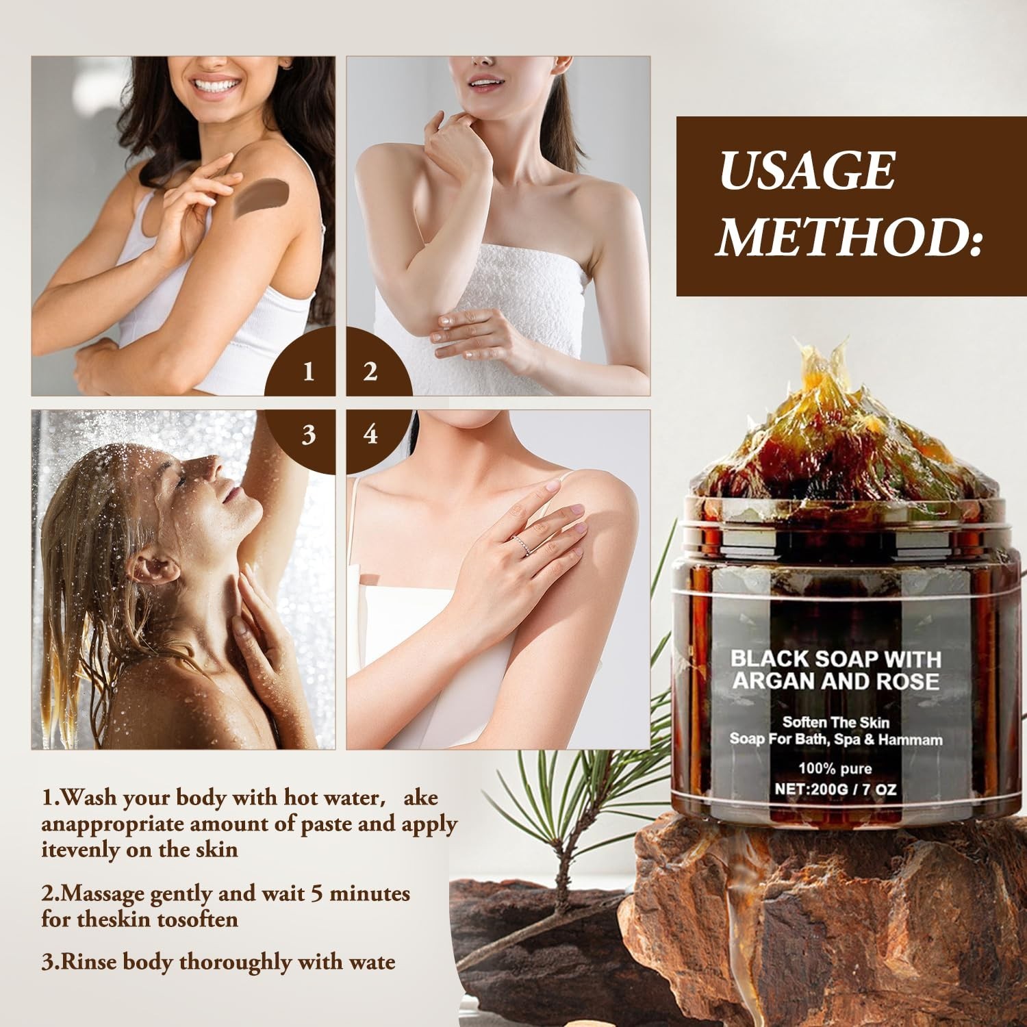 Morocco Black Soap with Argan and Rose, Morocco Black Beldi Bar Exfoliating Soap