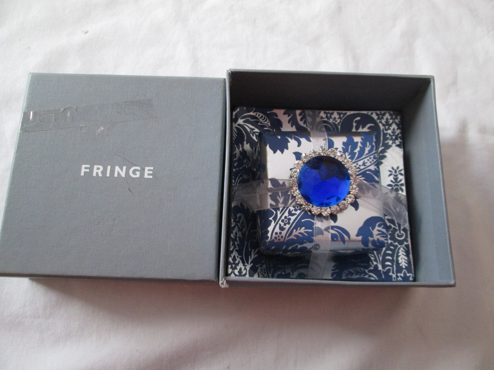 FRINGE Scented Soap & Silver & Blue Glass Tray With Blue Faceted Crystal Bow New