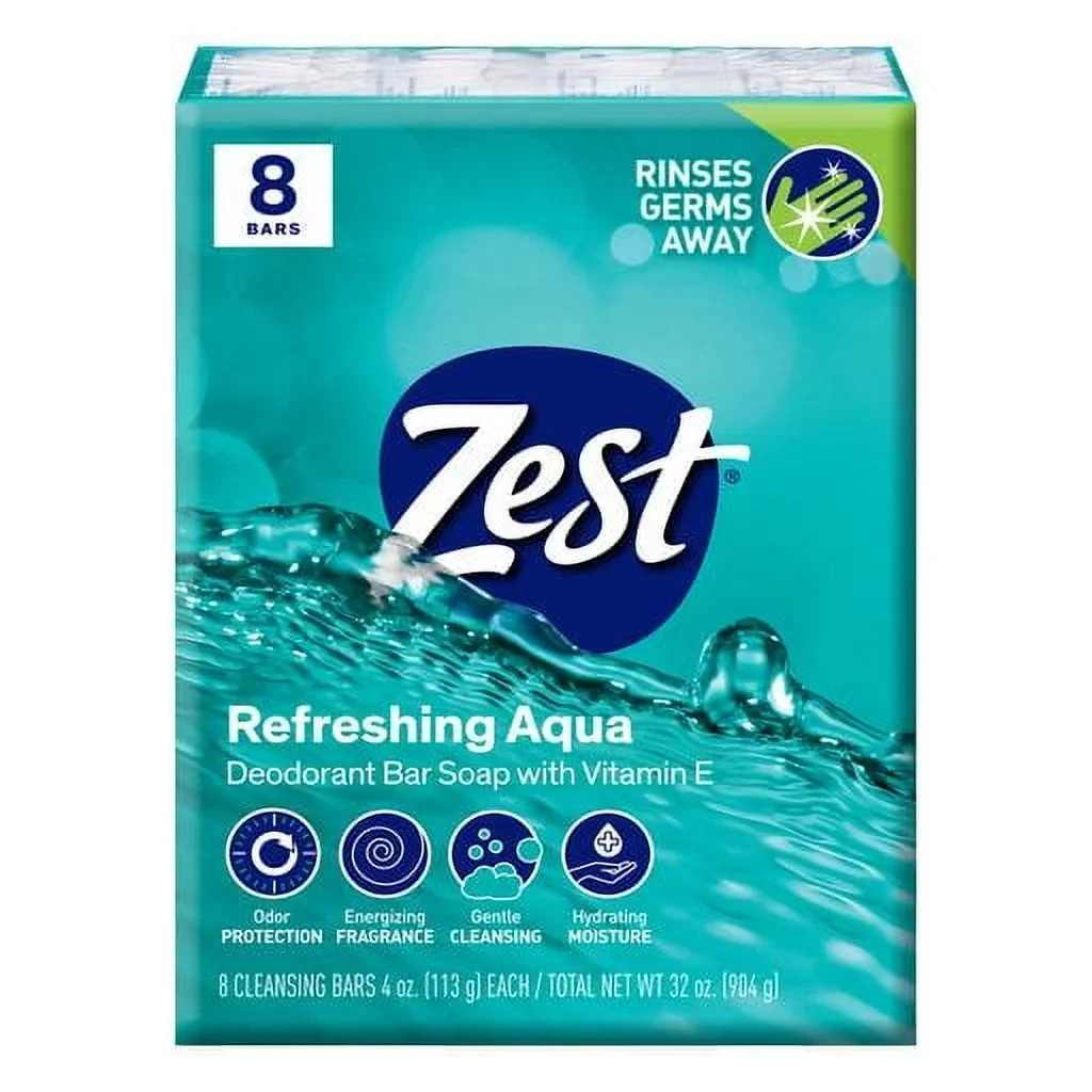 2 Pack Zest Aqua Deodorant Bar Soap, Hydrating Moisture, 4 oz, 8 Bars Per Pack