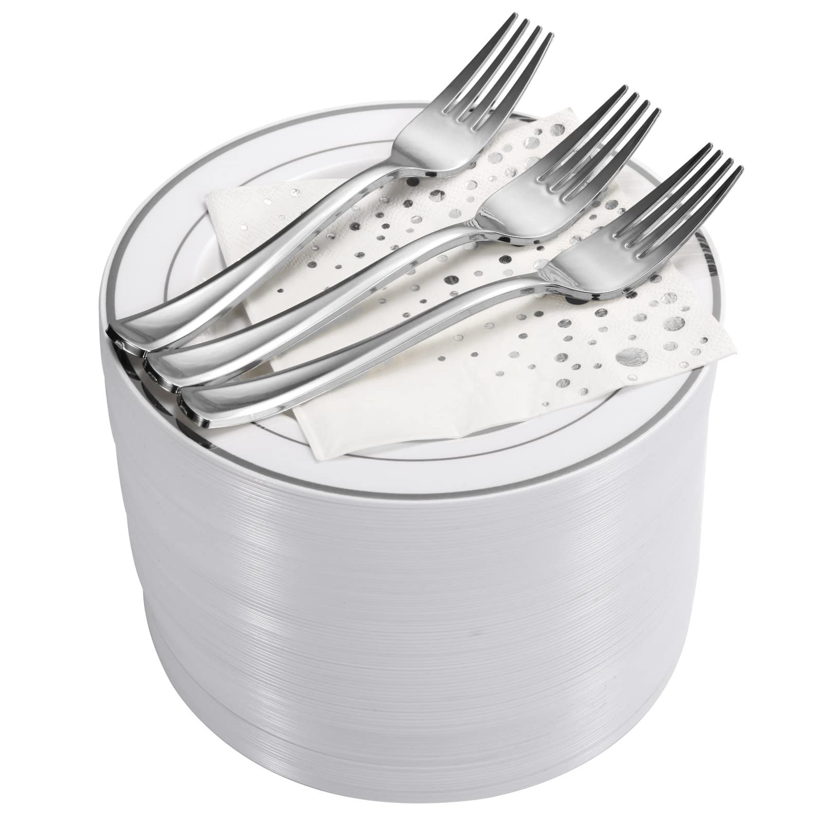 Stylish 7.5 Inch White and Silver Plastic Plates, Disposable Forks and Cockta…