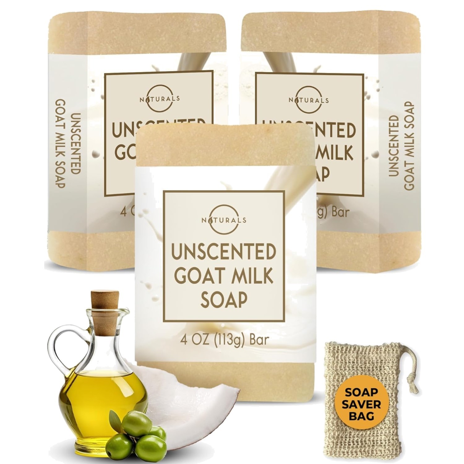 3-Pcs Goat Milk Soap with Soap Saver Bag – Unscented, Triple-Milled, Nourishi…