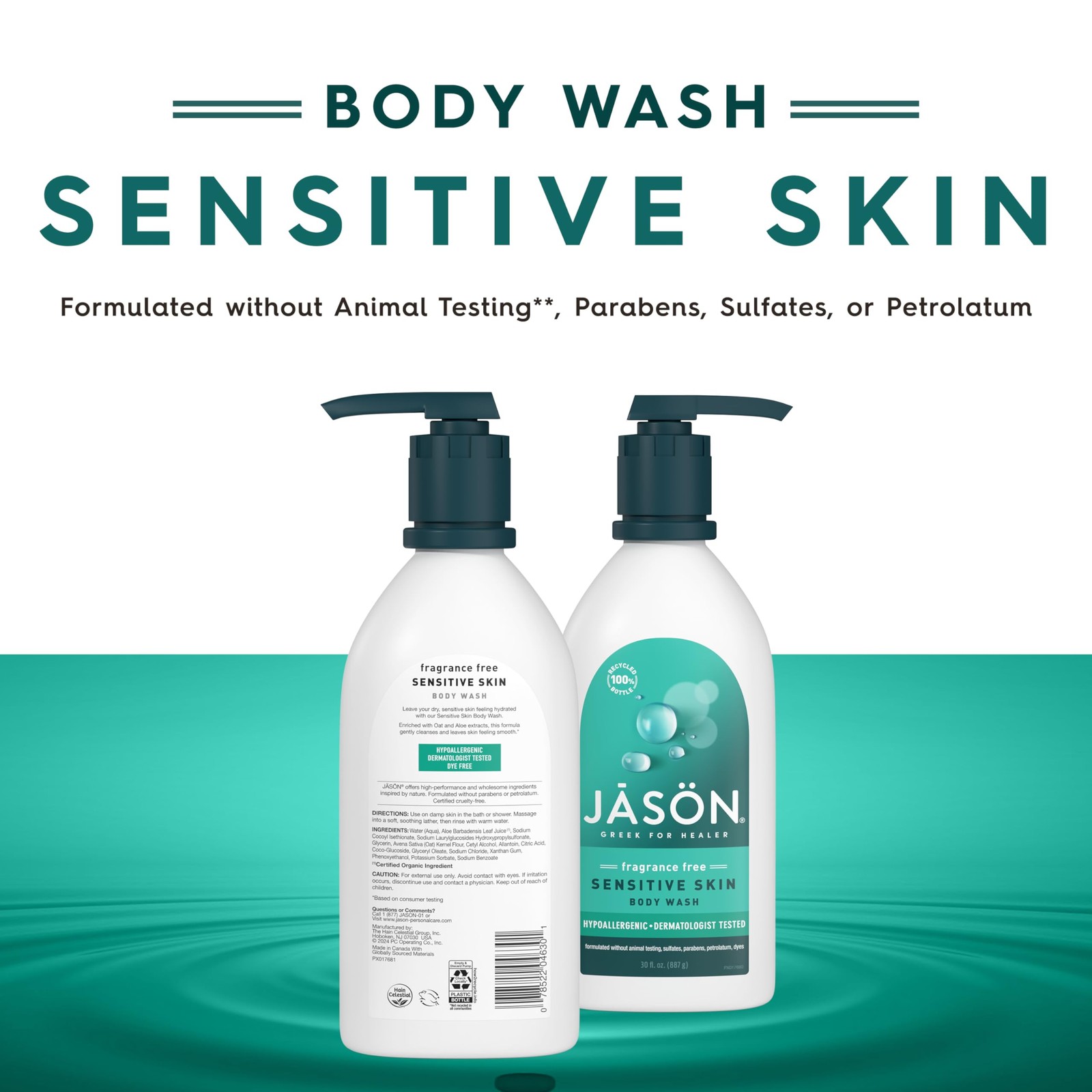 JASON Sensitive Skin Fragrance Free Body Wash, 30 Fl Oz (Pack of 1), White