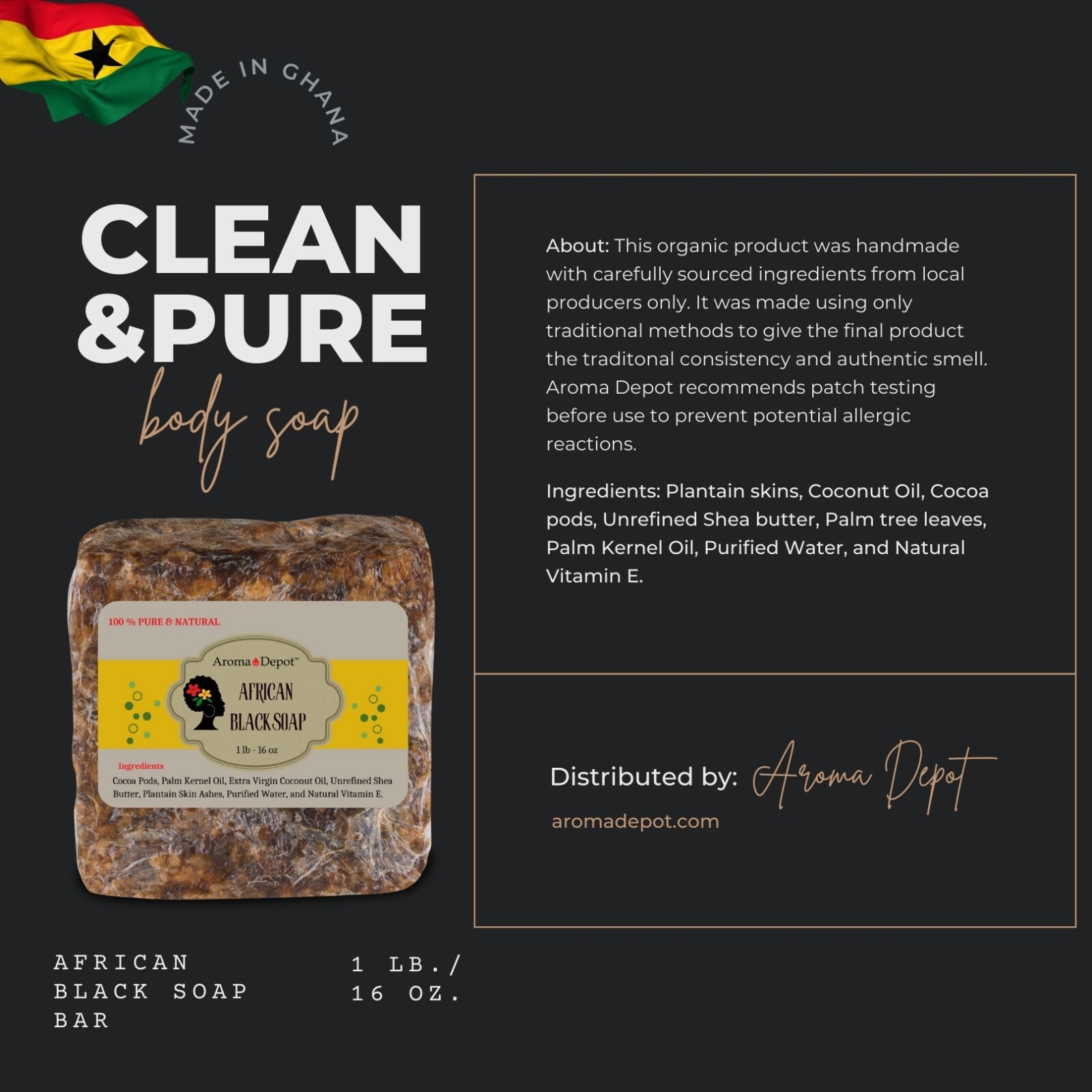 Raw African Black Soap 1 lb. Bar 100% Pure Organic Natural Skin Body Face Wash