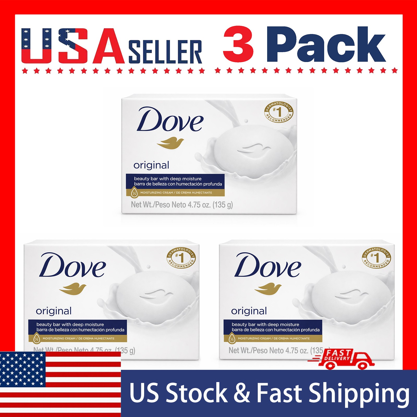Dove White Beauty Bar 3-Pack, Original Moisturizing Body & Hand Soap 4.75 Oz