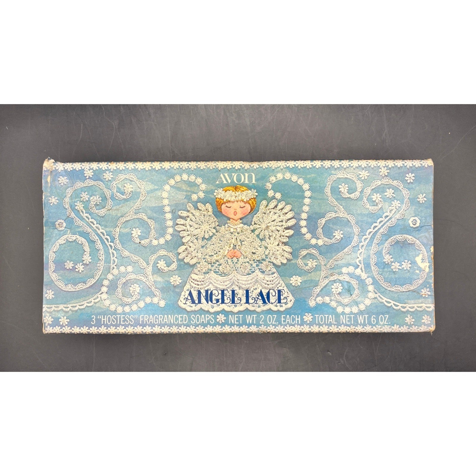 Vtg Avon Angel Lace 3 Hostess Fragranced Soaps Light Blue New in Box Collector