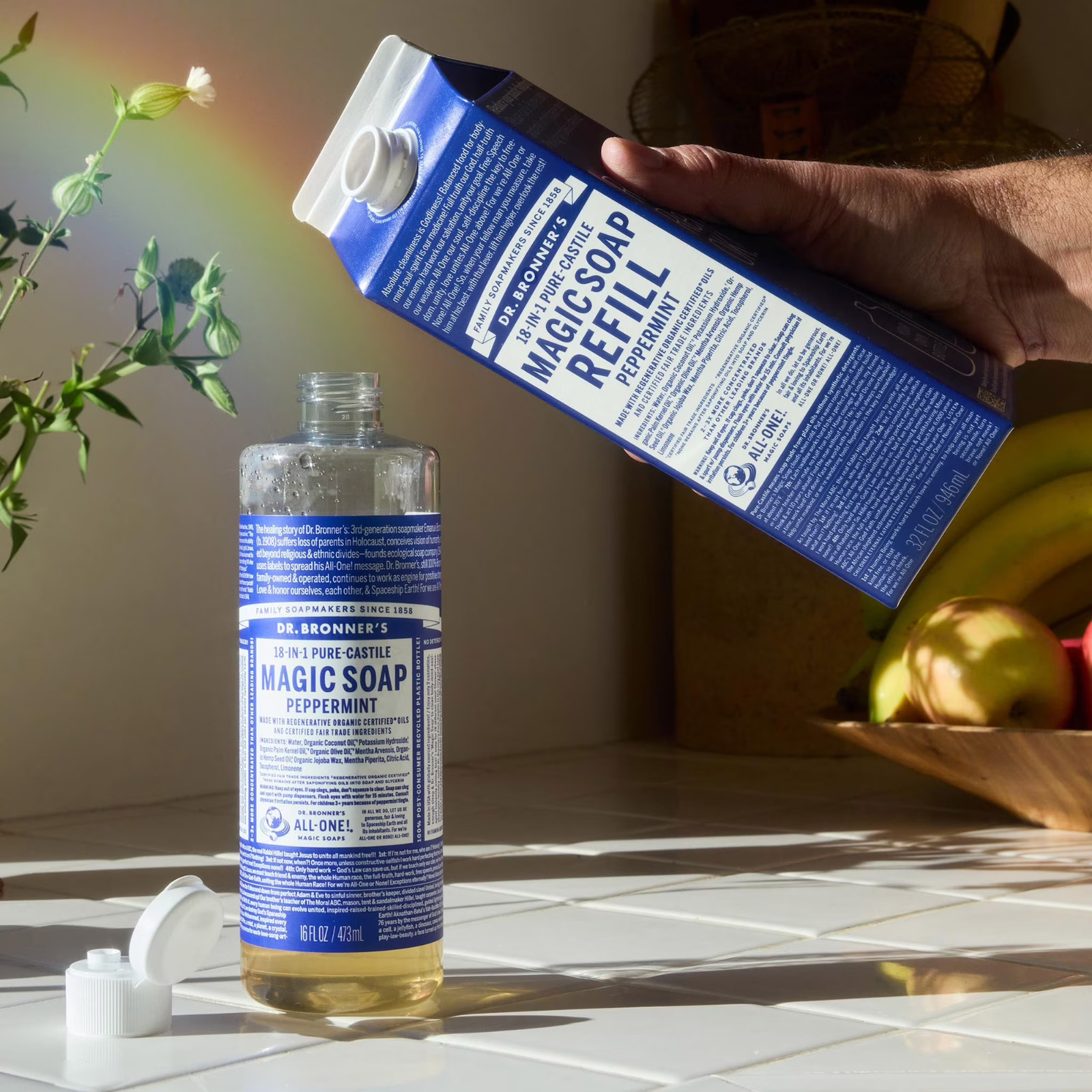 Dr. Bronner’s Peppermint Pure-Castile Liquid Soap, 32 oz, Refill Carton, 2 Pack
