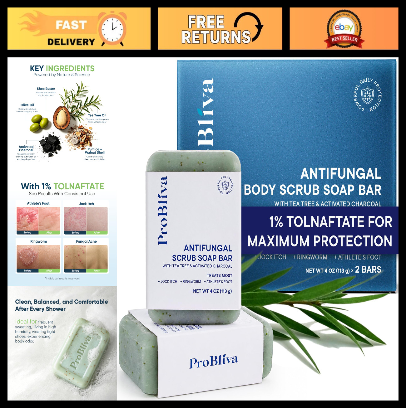Antifungal Soap Bar with Tea Tree Oil & Charcoal – Exfoliating Body & Foot Wash,