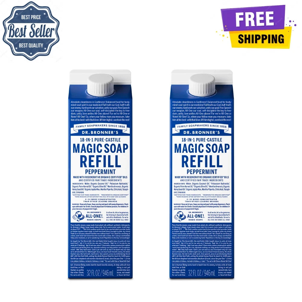 Dr. Bronner’s Peppermint Pure-Castile Liquid Soap, 32 oz, Refill Carton, 2 Pack