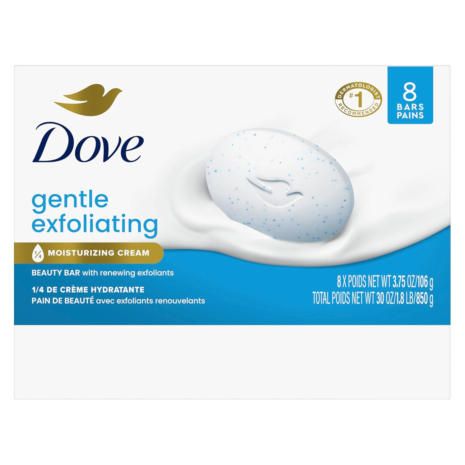 Dove Gentle Exfoliating Beauty Bar Soap 8 Count, Renewing Cleanser, 3.75 Oz I Be