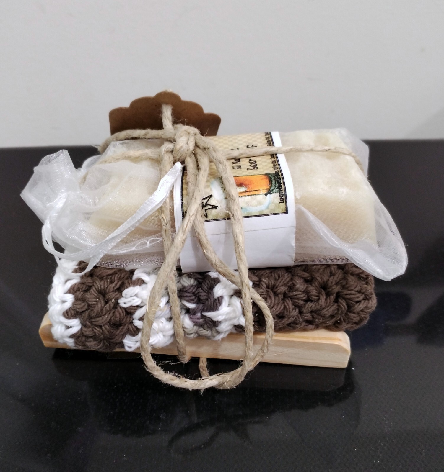 Beer Soap with Hand Made Wash Cloth & Wooden Soap Tray