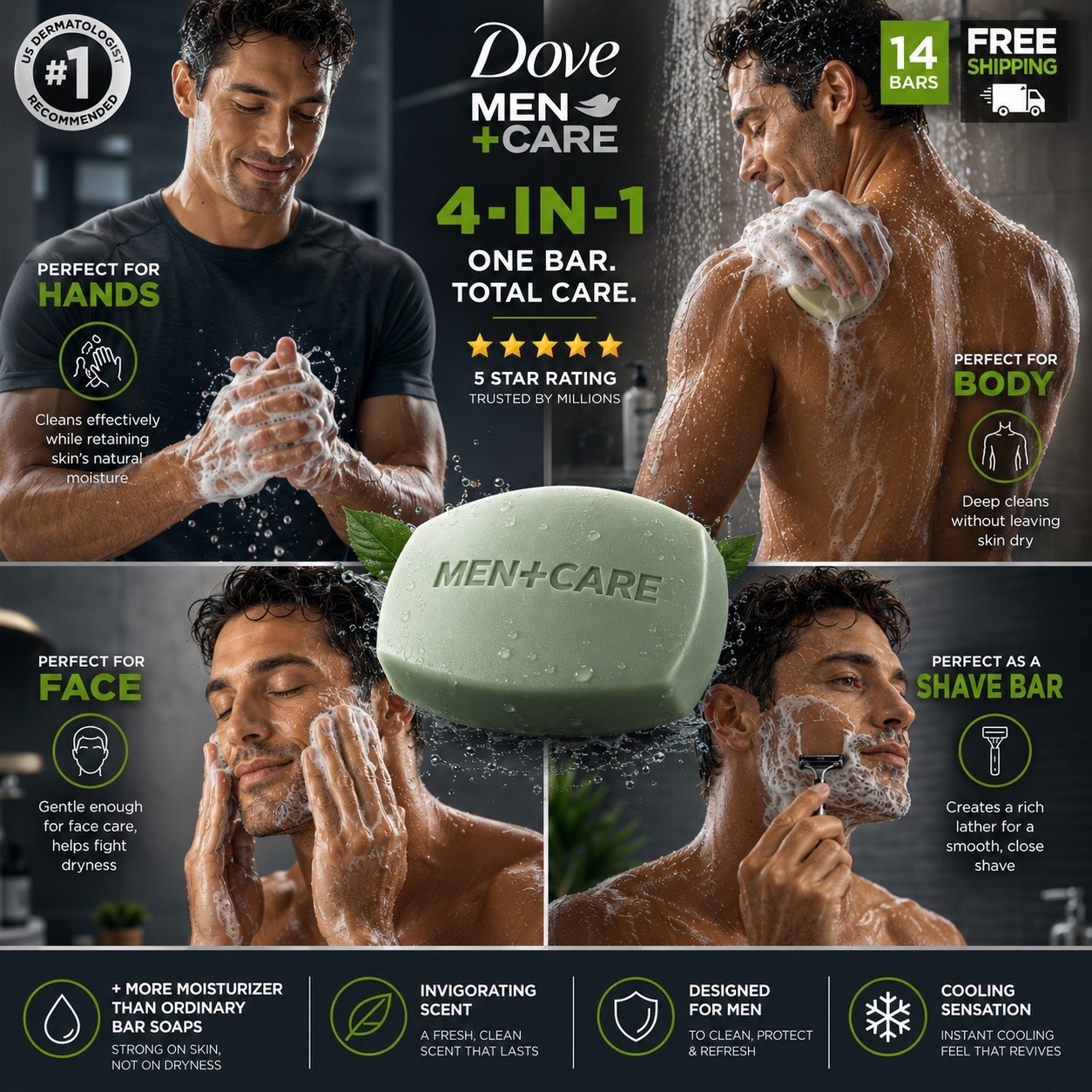 Dove Men+Care Bar 3 in 1 Cleanser for Body, Face, and Shaving Extra Fresh 14 Bar