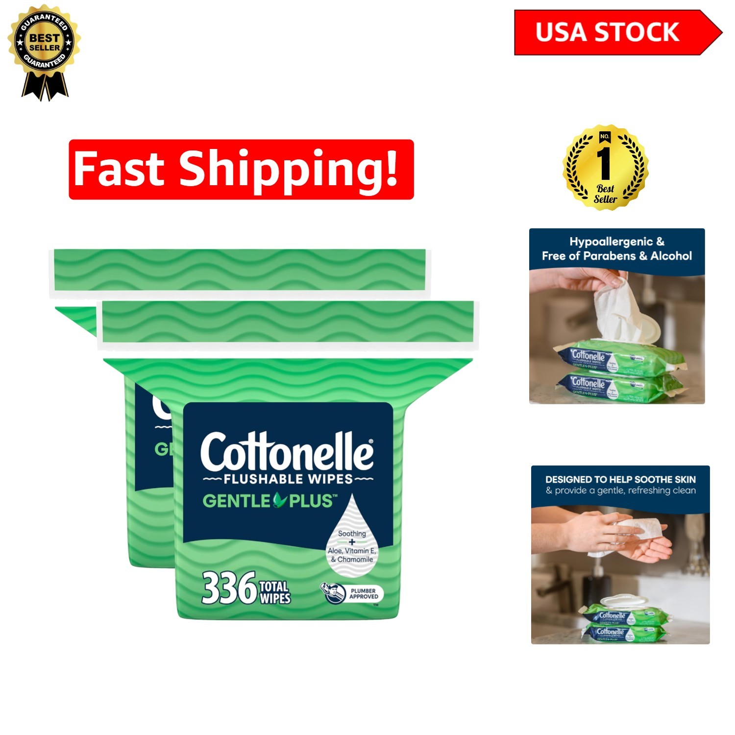 GentlePlus Flushable Wet Wipes – 336 Count, Hypoallergenic, Eco-Friendly Clean