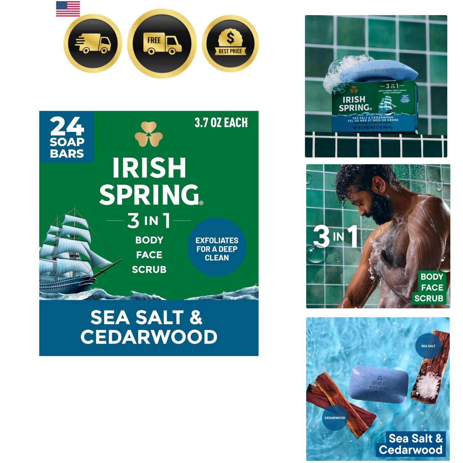 3-in-1 Men’s Bar Soap Sea Salt & Cedarwood, Exfoliating Deep Clean Body Soap …