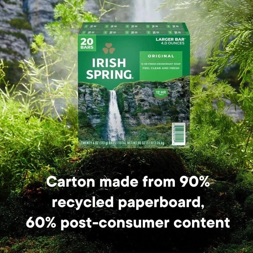 Irish Spring Bar Soap Original Clean 4oz (20 Pack) Refreshing Deodorant