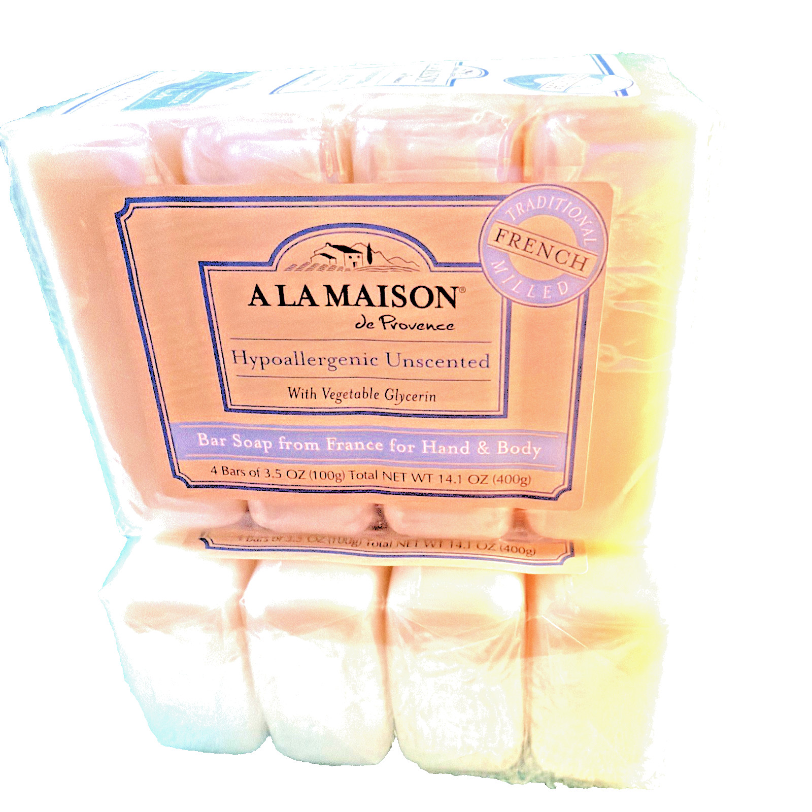 2 A La Maison – Hypoallergenic Unscented Bar Soap 4ct Packs, 8 BARS TOTAL France