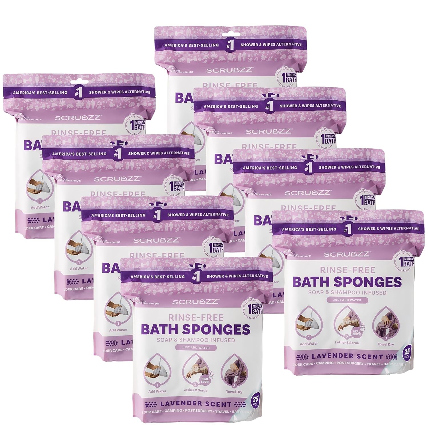 Lavender Rinse-Free Bath Sponge Wipes Water-Activated No Rinse Adult Washcloths