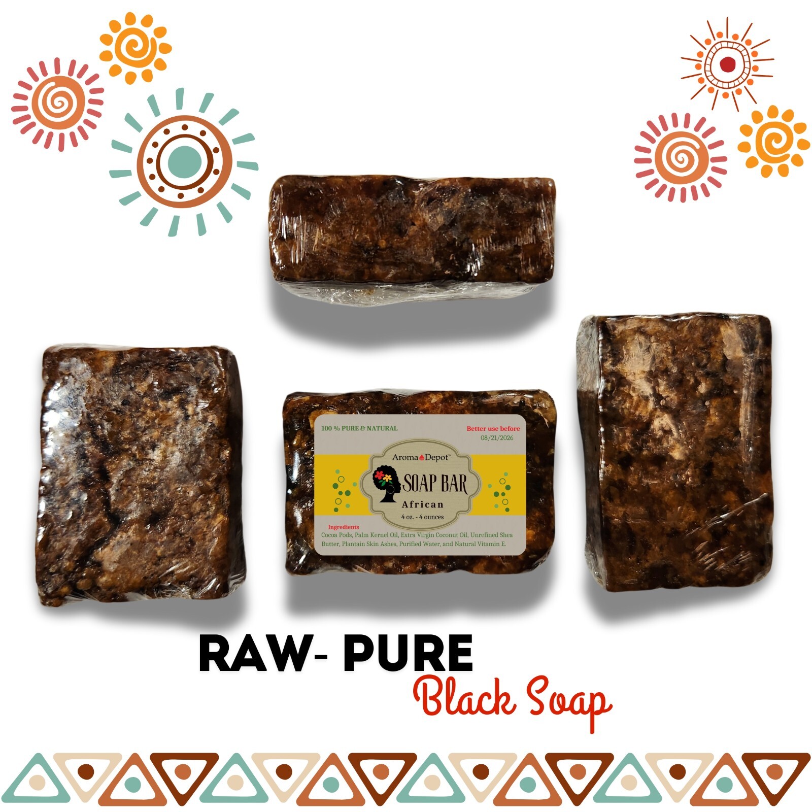 Raw African Black Soap 1 lb. Bar 100% Pure Organic Natural Skin Body Face Wash