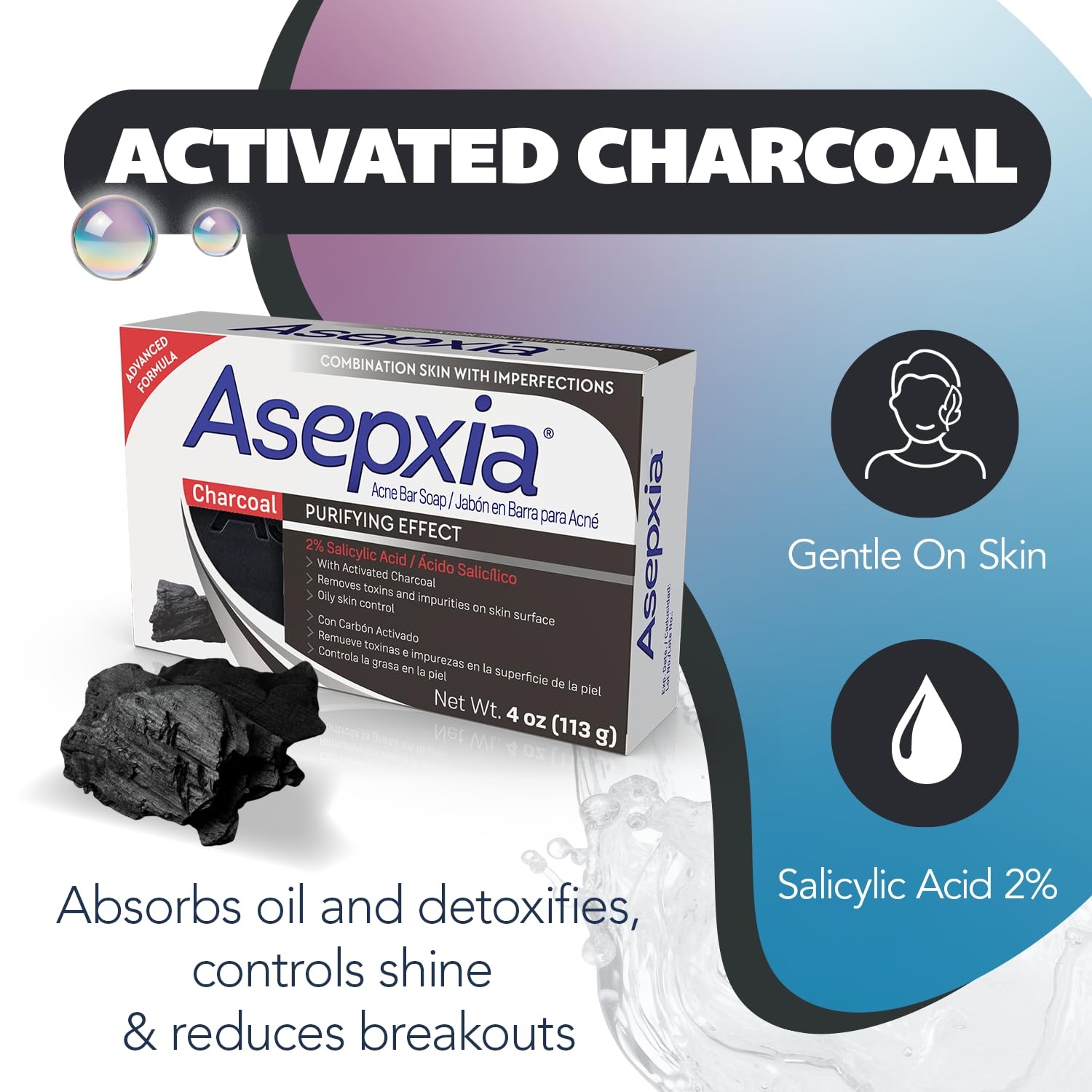 Asepxia Charcoal Acne Bar Soap Purifying Effect, 4oz. (113g)