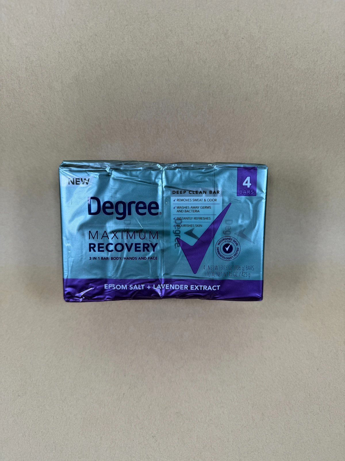 Degree Max Recovery 3-in-1 Soap Bar Body Face, Epsom Salt + Lavender, Pack of 4