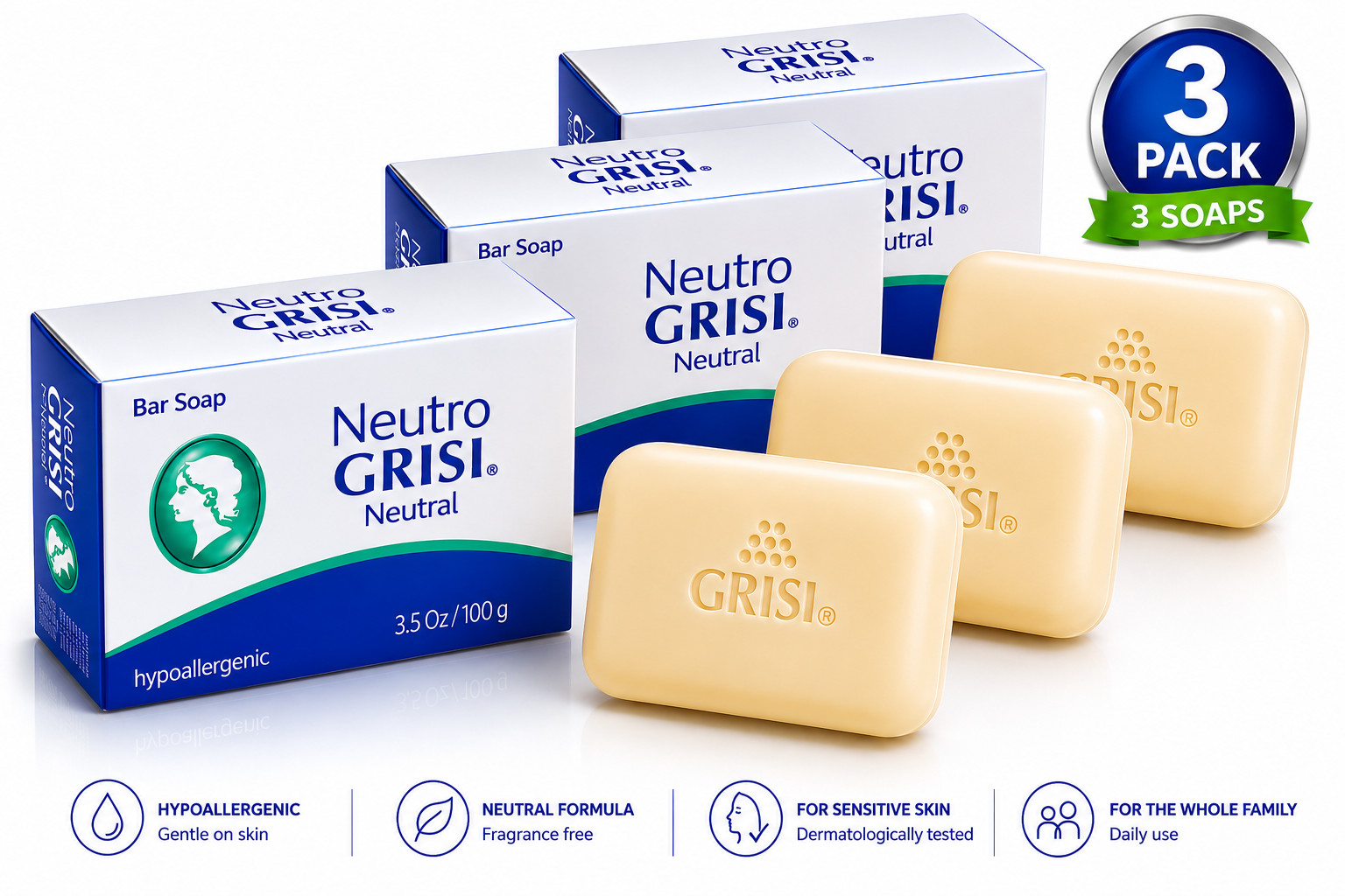GRISI NEUTRAL NEUTRO SOAP Balancing 3.5 oz Scent Bar Hand Face Jabon 3 Pack