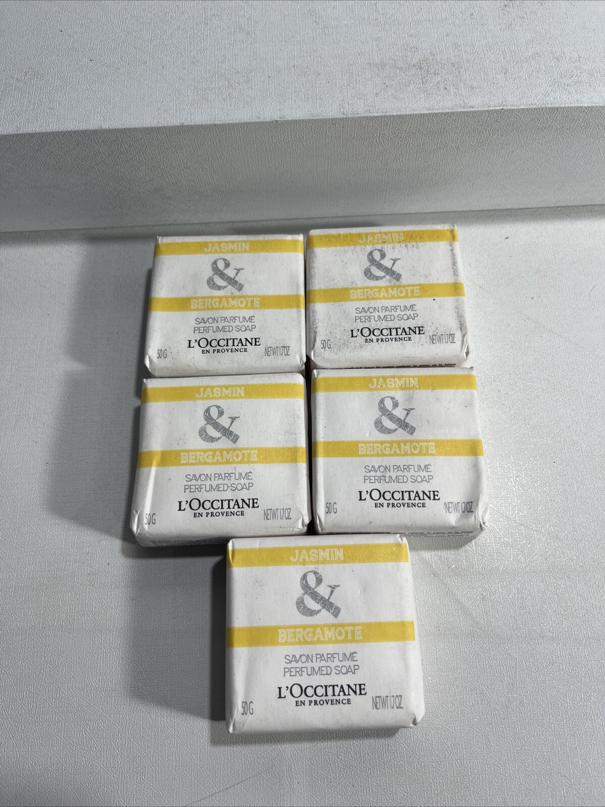 5 New Loccitane Jasmin & Bergamote Bar Soap, 1.7oz Each, Slightly Damaged Outer