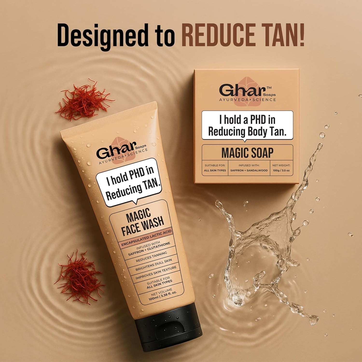 Ghar Soaps Magic De-Tan Face Wash 100 ml & Sandalwood Saffron Bath Soap 100 gm