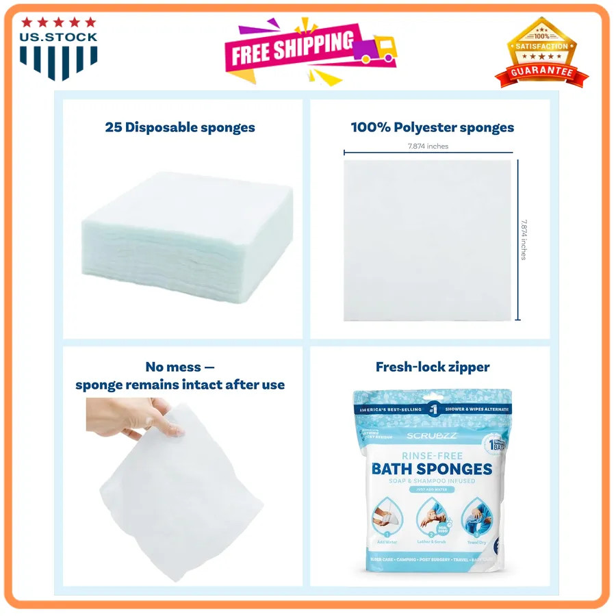 Scrubzz Disposable Rinse Free Bathing Wipes 25 Pack No Water Needed Shower Wipes