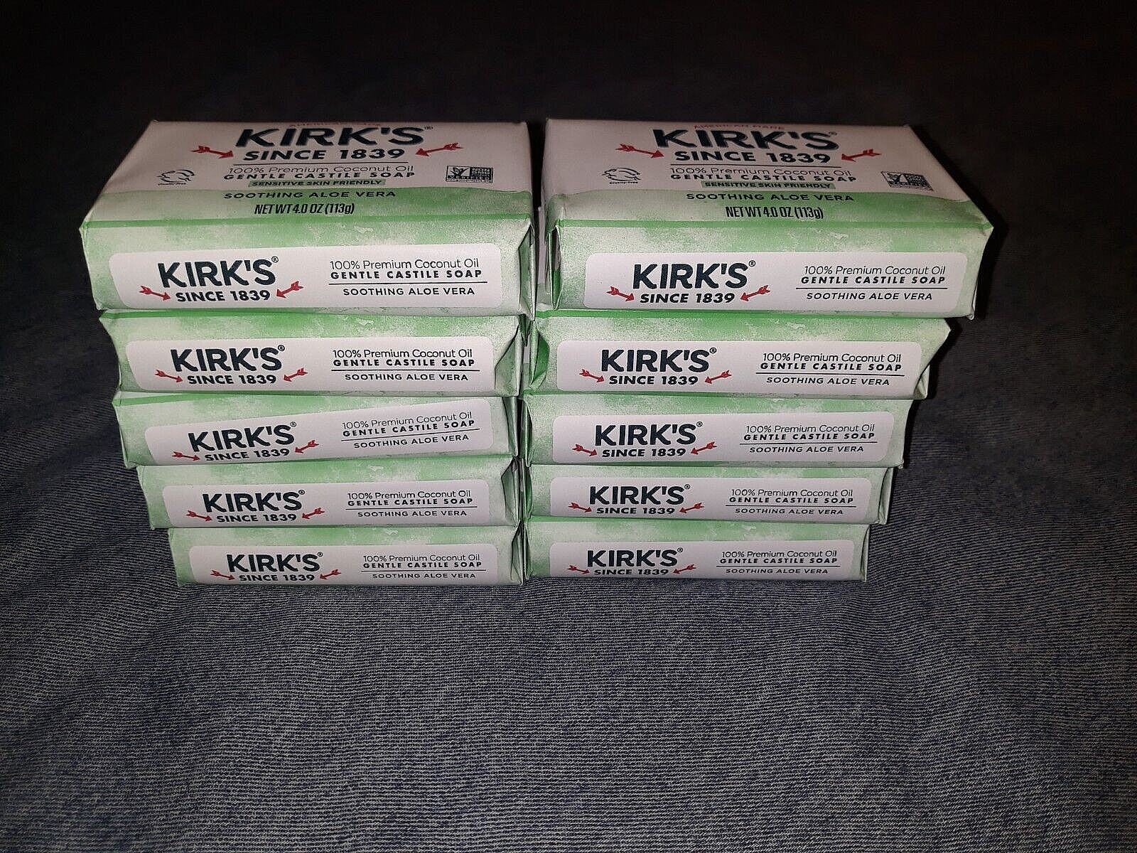 Kirk’s Original 100% Coconut Oil Castile Soothing Aloe Vera 4 Oz Soap Bars x10