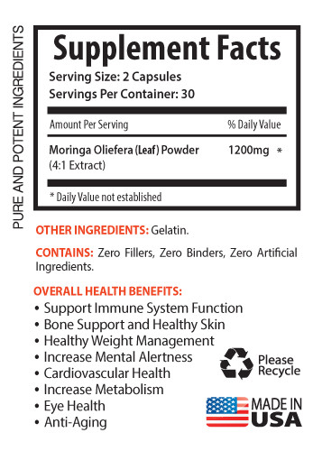 Anti Aging Herb – Super Food – Moringa Oliefera Extract 1200mg – 1 Bottle 60Ct