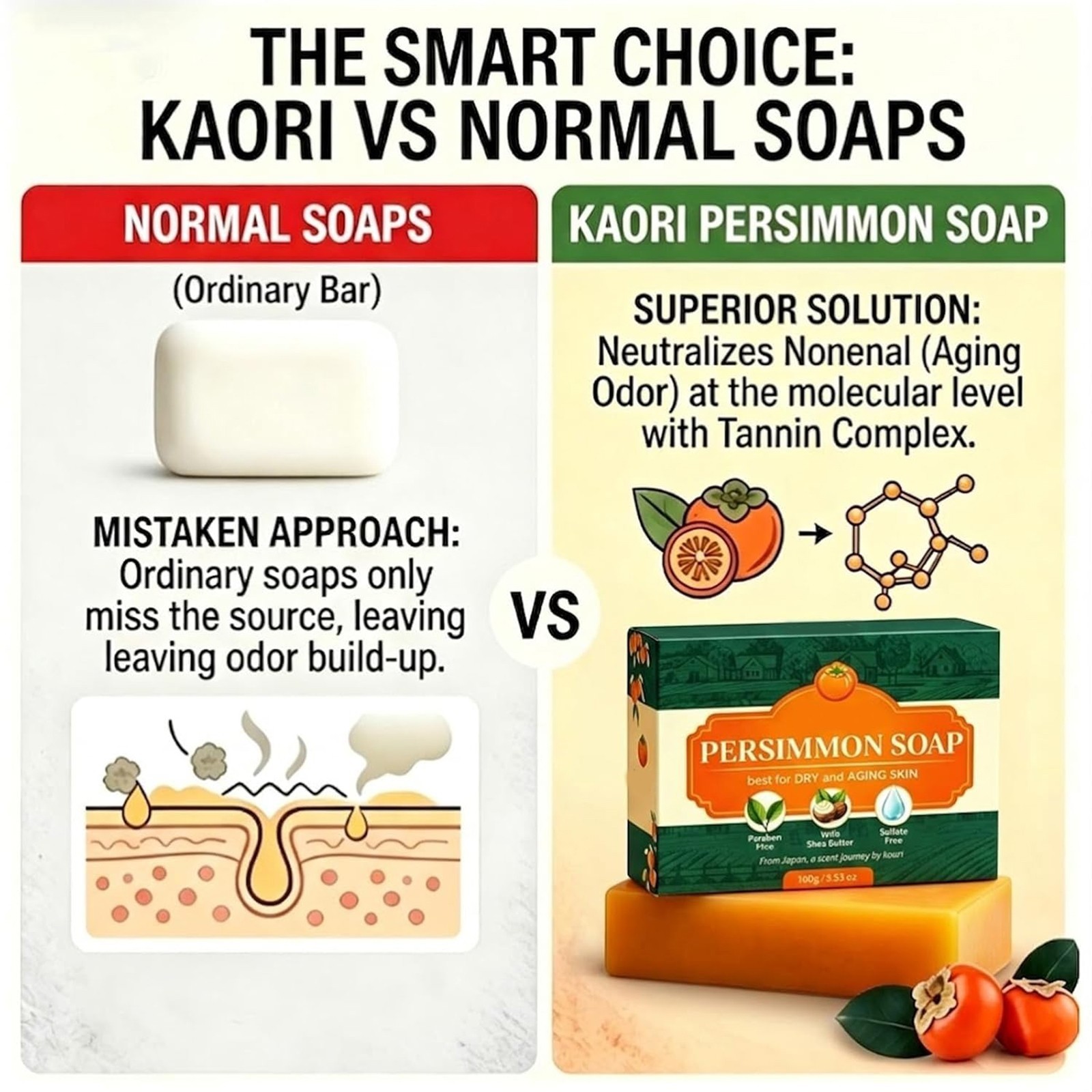 Kaori Persimmon Soap Green Tea Extract For Dry Aging Skin Unisex 1pc
