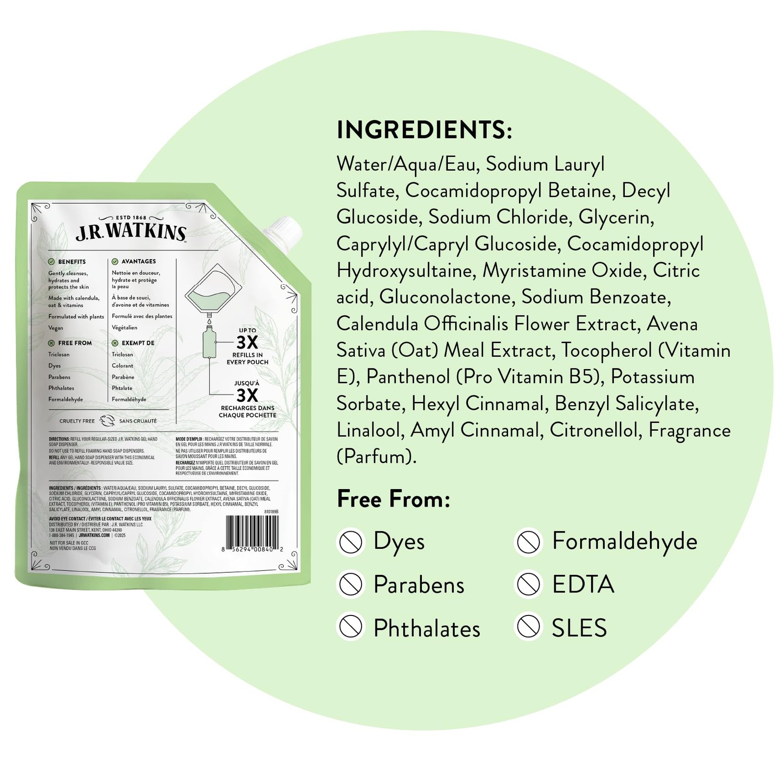 J.R. Watkins Gel Hand Soap Refill, 34 Fl Oz (Pack of 2), Aloe & Green Tea