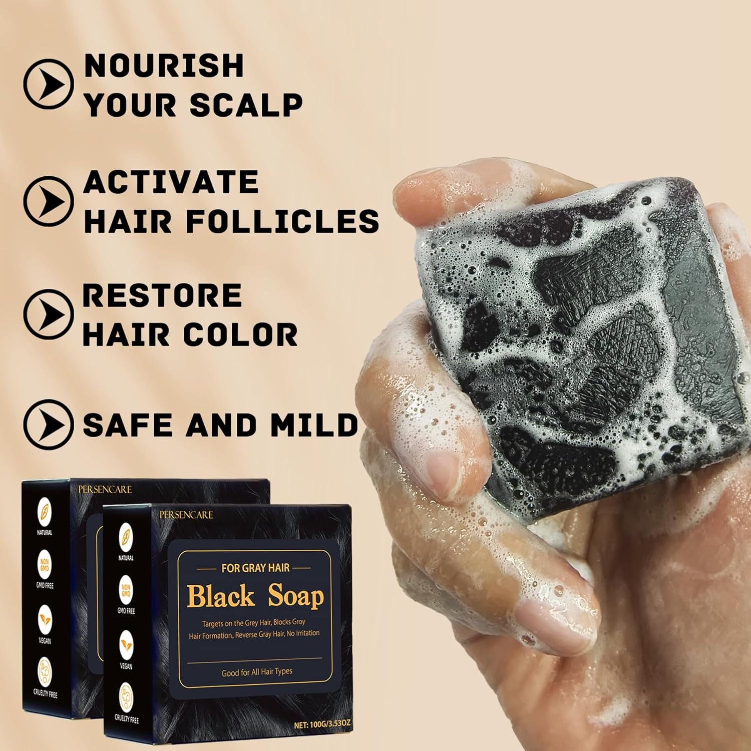2 Pcs Herbal Emberless Black Soap for Gray Reverse, Fo Ti Castor Oil for Darkeni