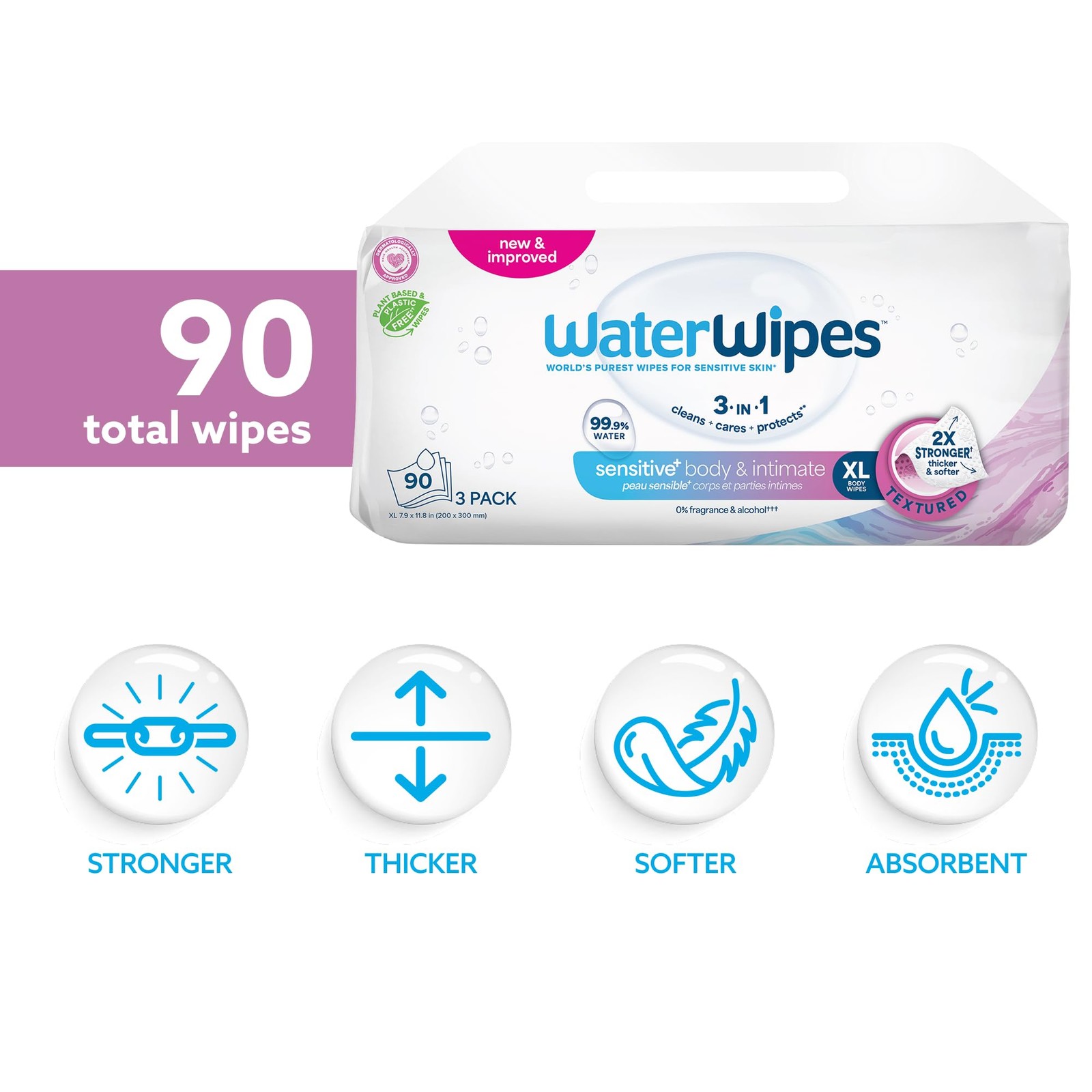 WaterWipes Sensitive Whole Body Wipes XL Textured Incontinence Care 90ct