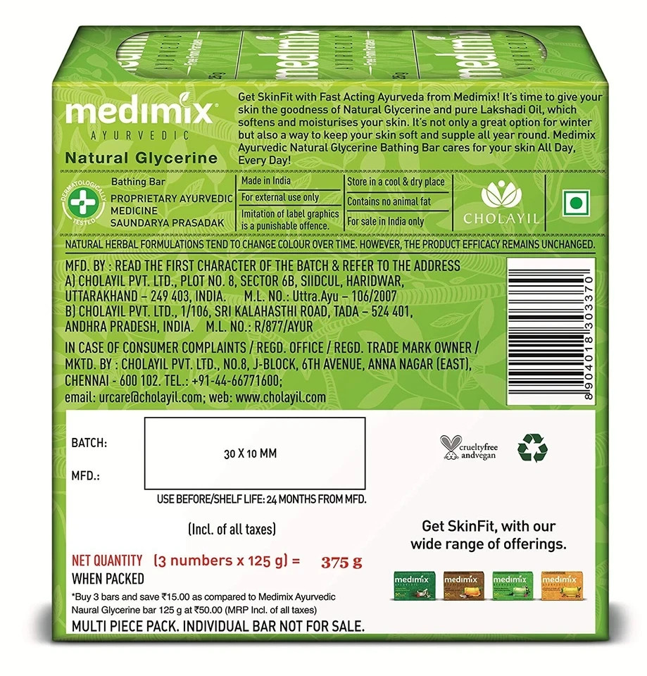 3 X 125g Medimix Ayurvedic Natural Glycerine Bathing Bar, Free Ship