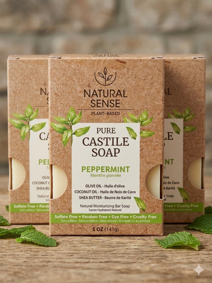 3pack Natural Sense Castile Soap Peppermint Sulfate Free Moisturizing 5 oz Bar