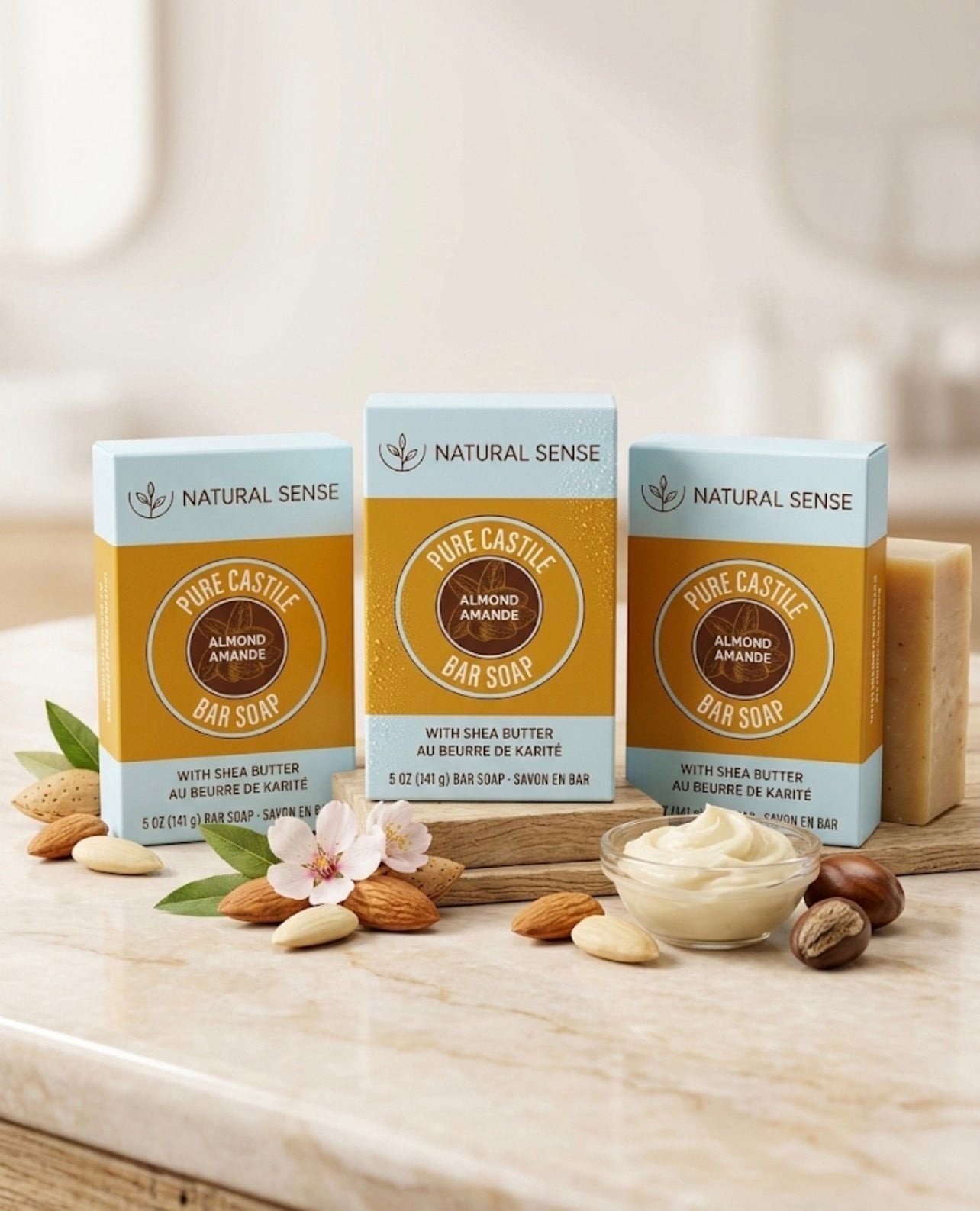 Natural Sense Pure Castile Almond Bar Soap with Shea Butter 3-Pack