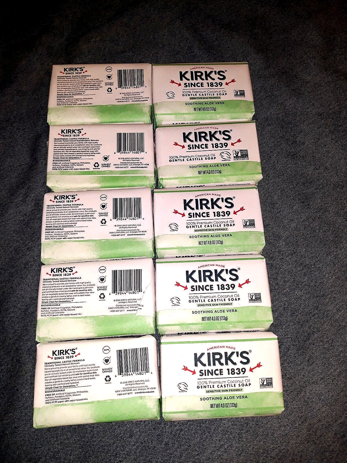 Kirk’s Original 100% Coconut Oil Castile Soothing Aloe Vera 4 Oz Soap Bars x10