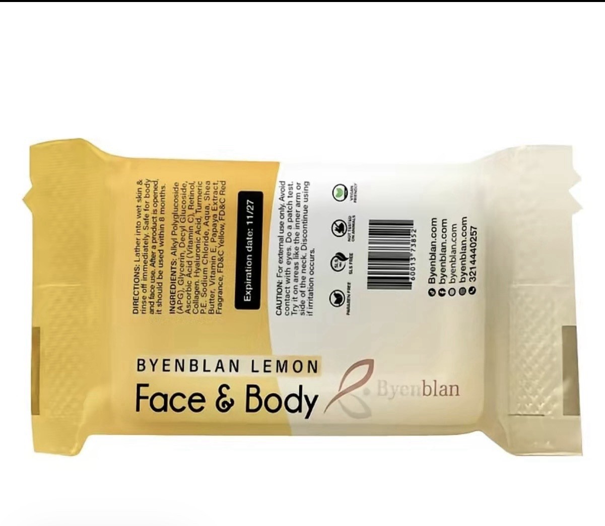 Byenblan Lemon Moisturizing Face & Body Soap Yellow Unisex 4 oz Rectangular