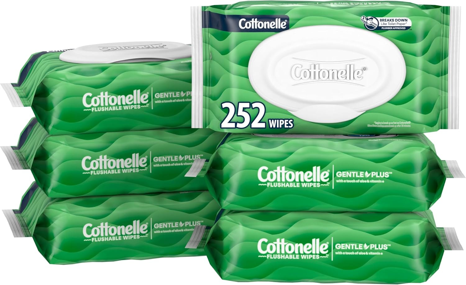 Gentleplus Flushable Wet Wipes with Aloe & Vitamin E, 6 Flip-Top Packs, 42 Wipes