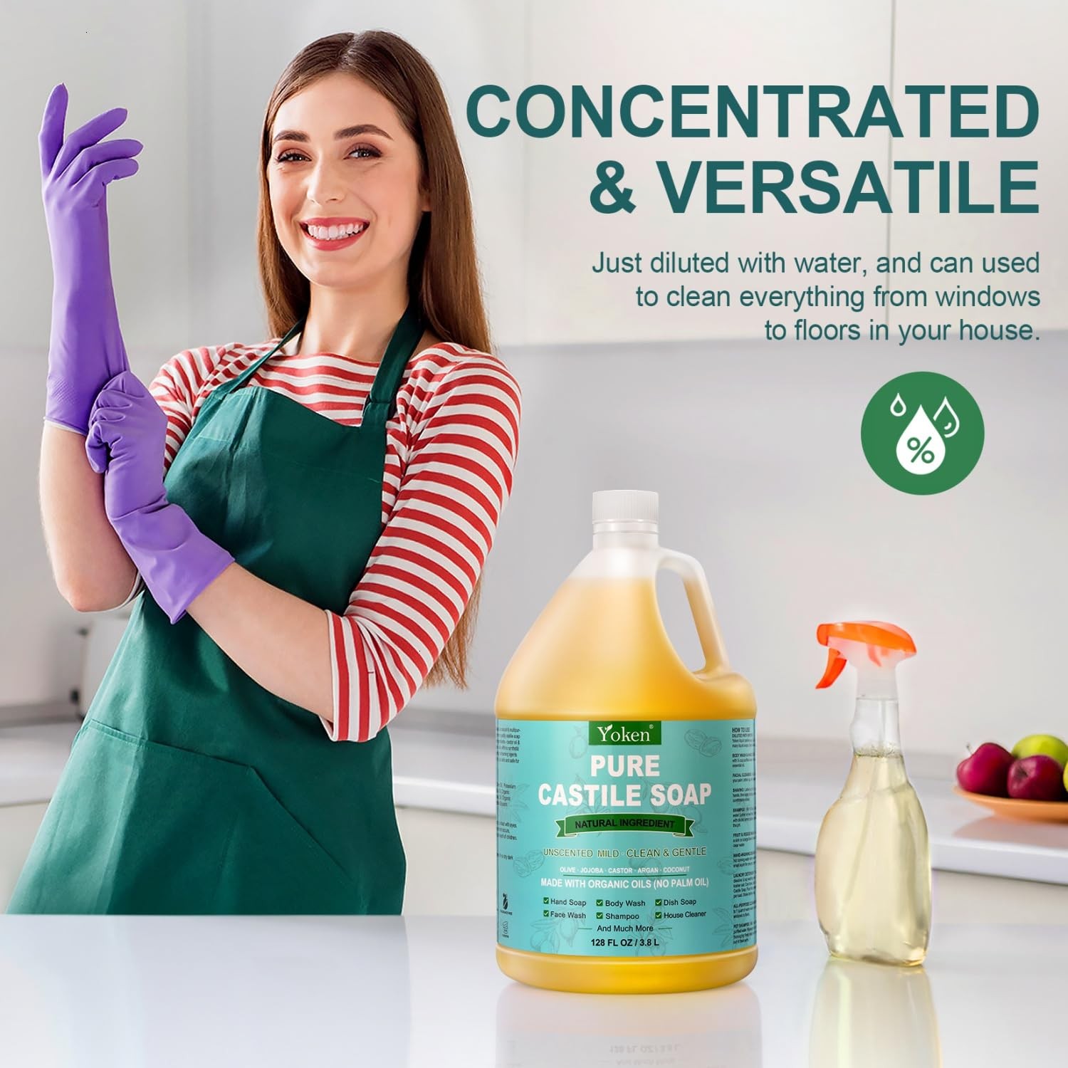 Yoken Castile Soap Liquid 1 Gallon Unscented EWG Verified Vegan Multi-Use