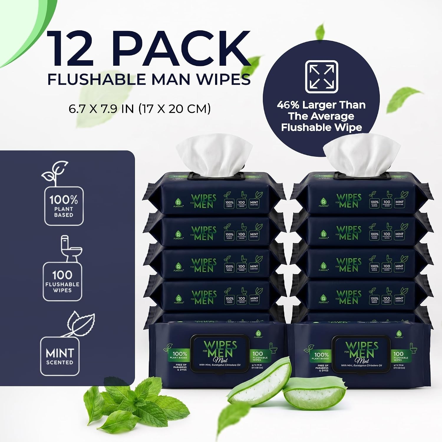 Mint Scented Flushable Wipes for Men Aloe Vera Vitamin E 1200 Count