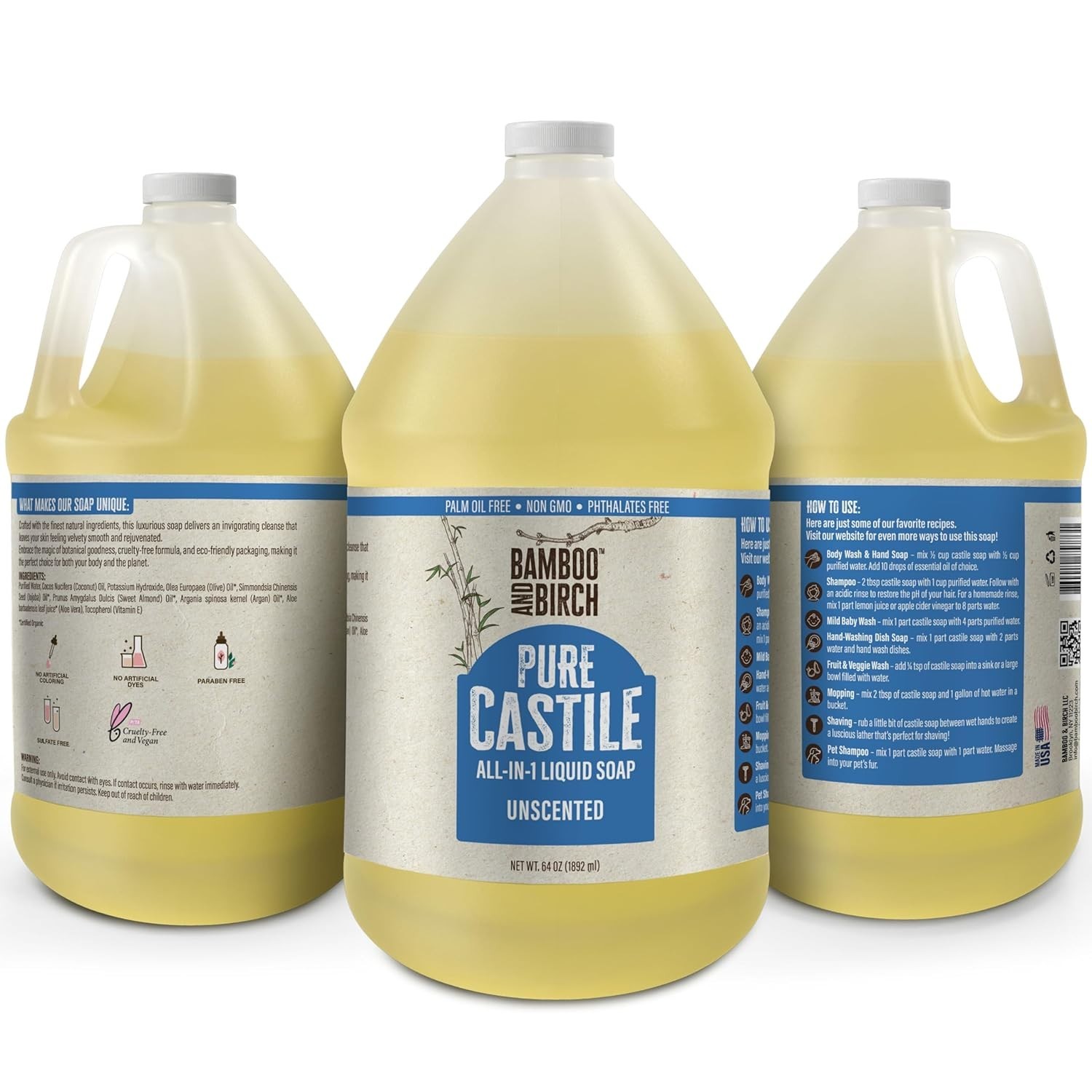 Pure Castile Soap Liquid Organic, Certified Palm 64 Fl Oz (Pack of 1) Unscented