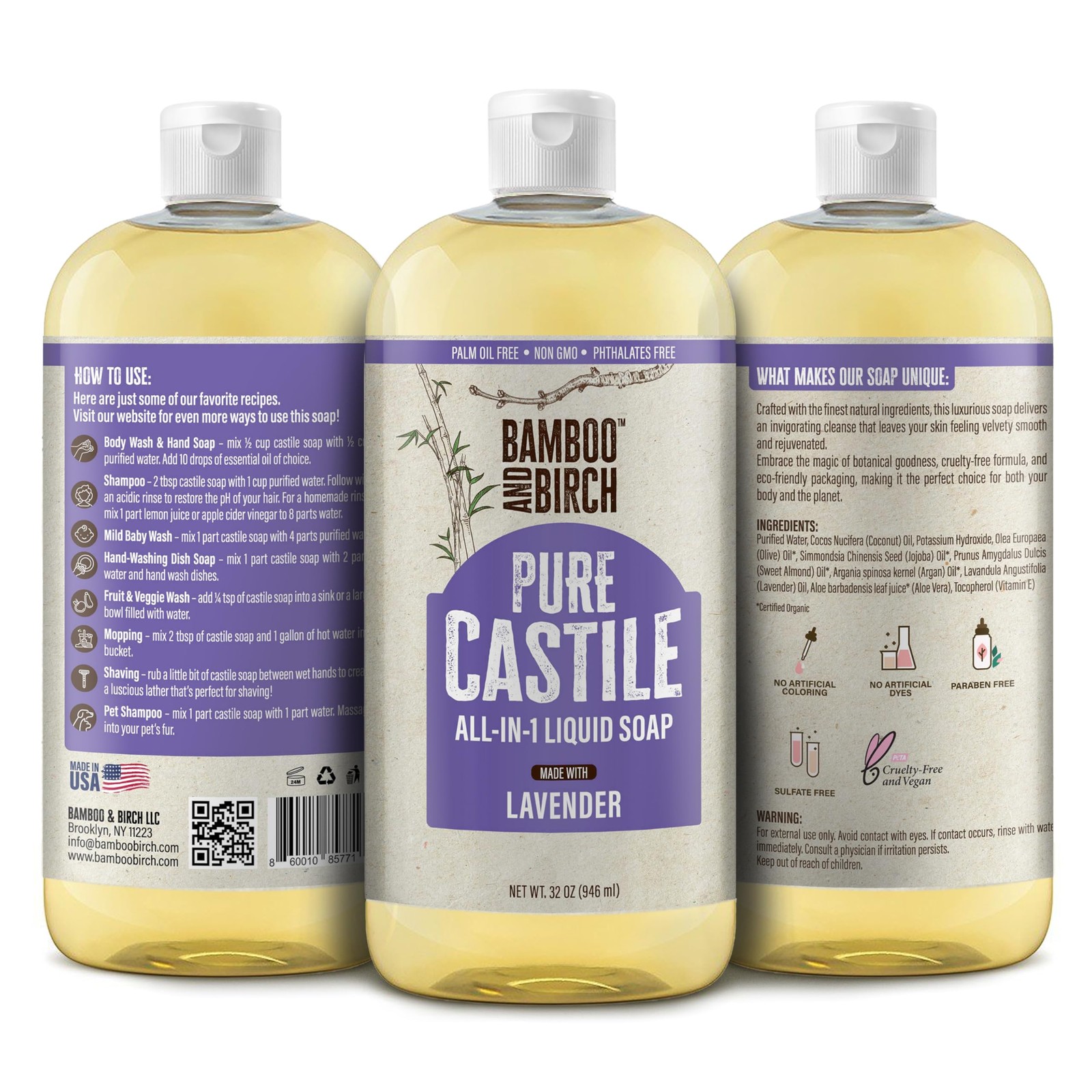 Pure Castile Soap Liquid, Lavender, 32 oz