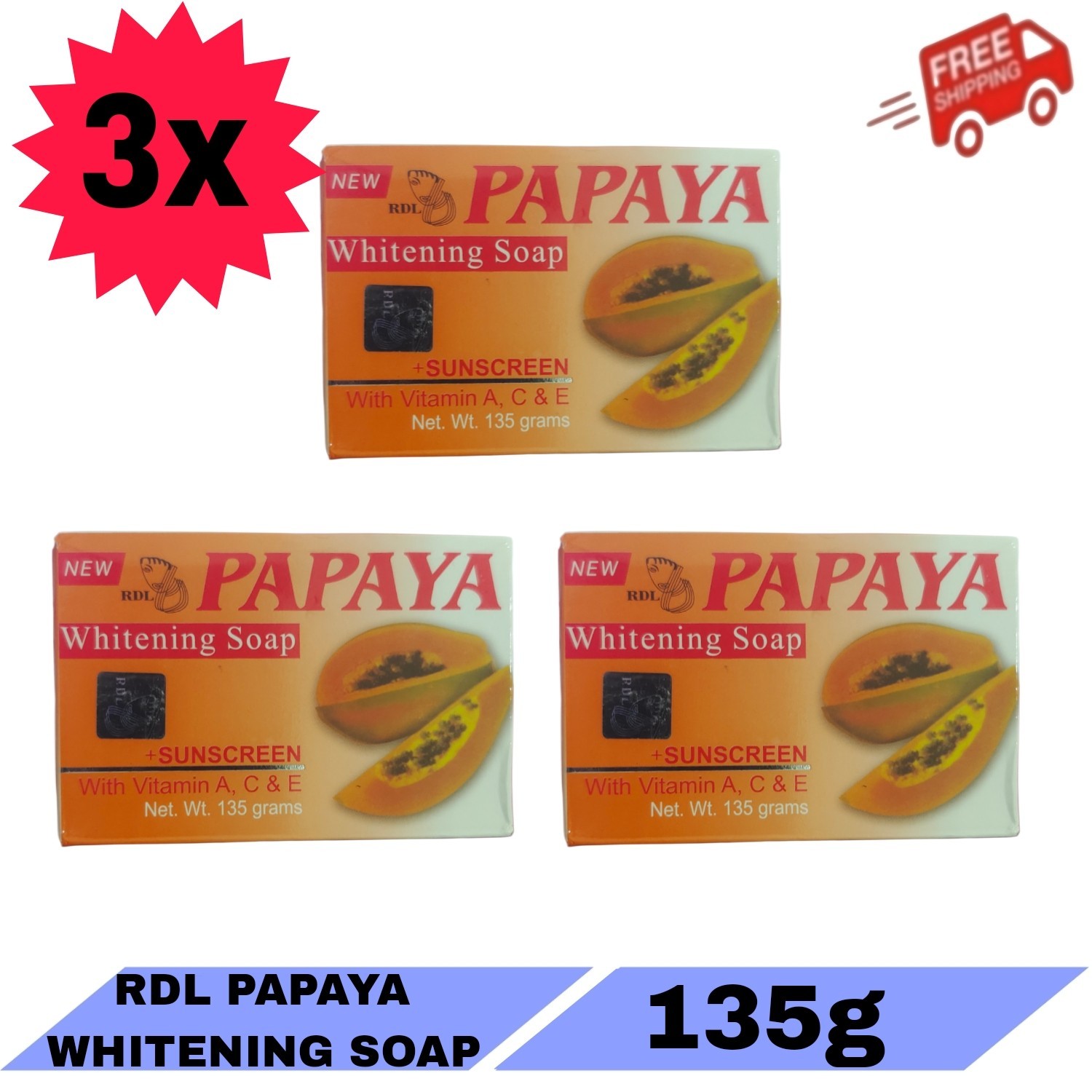 3x RDL Papaya Whitening Soap Sunscreen With Vitamin A C & E 135g – FREE SHIPPING